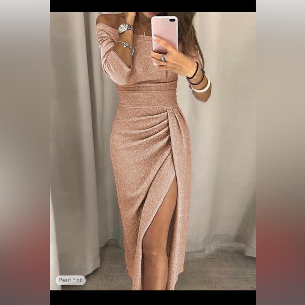 Elegant Pearl Pink High-Slit Dress